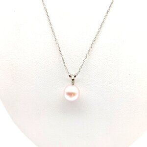 AFJC 925 Pearl and Diamond Pendant Necklace, Vintage Sterling Silver Delicate